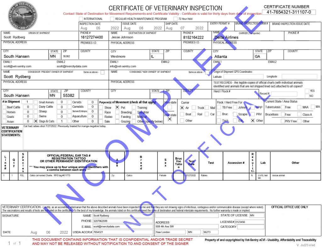 Certificate Of Veterinary Inspection | Animal Inspection & Health ...